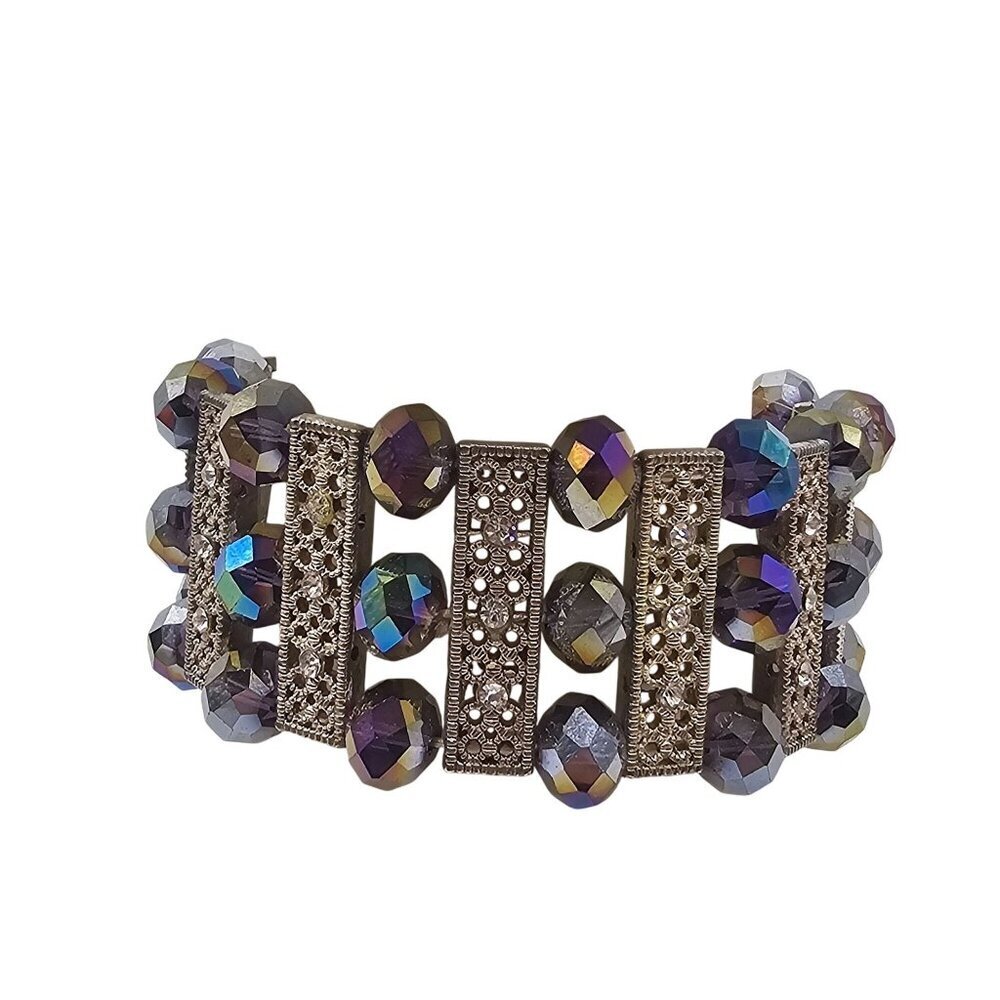 Vintage Style Rhinestone Iridescent Beaded Stretch Bracelet Gold-Tone Stretch